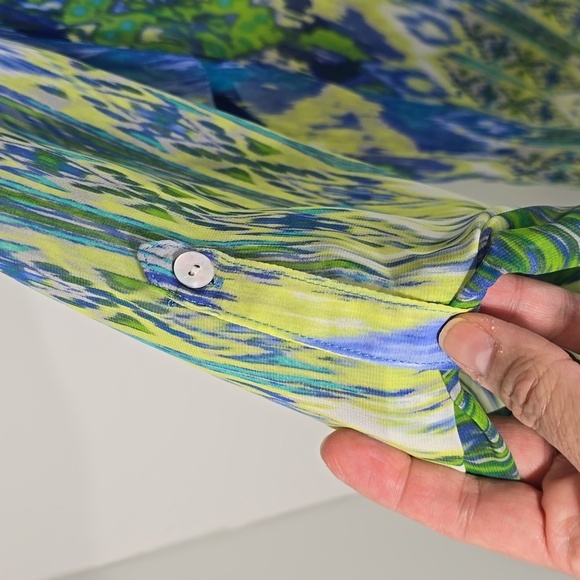 {Chico's} Multicolor Ikat Abstract Print Button-Down Tunic Blouse - Picture 8 of 12